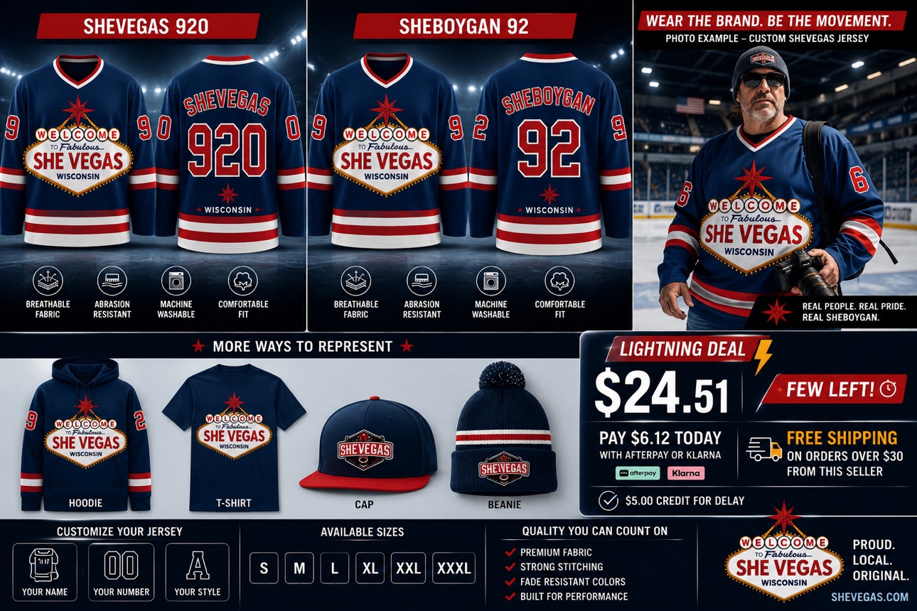 The SheVegas gear lineup: SHEVEGAS 920 and SHEBOYGAN 92 hockey jerseys, hoodie, t-shirt, cap, beanie
