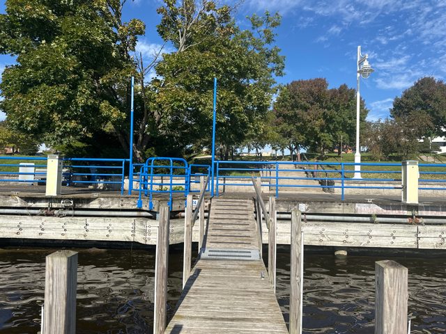 Dock with blue railings on the Sheboygan riverfront