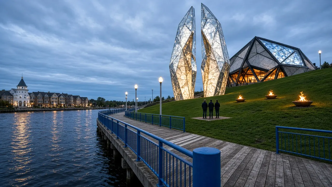 Concept art: two glowing crystalline halves of the Split Stone on a lawn at dusk, with the Geode building behind them and the river boardwalk in front.