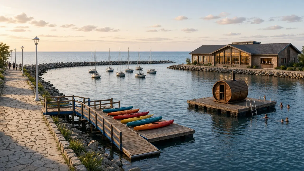 Concept art: a calm harbor basin at golden hour with a kayak rack on a wooden dock, a floating barrel sauna, a few sailboats and a stone-lined walkway.