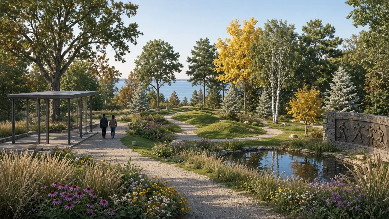 Concept art: a garden with a winding gravel path, a small pond, native trees, a stone memory wall and an open pavilion, with two people walking away.