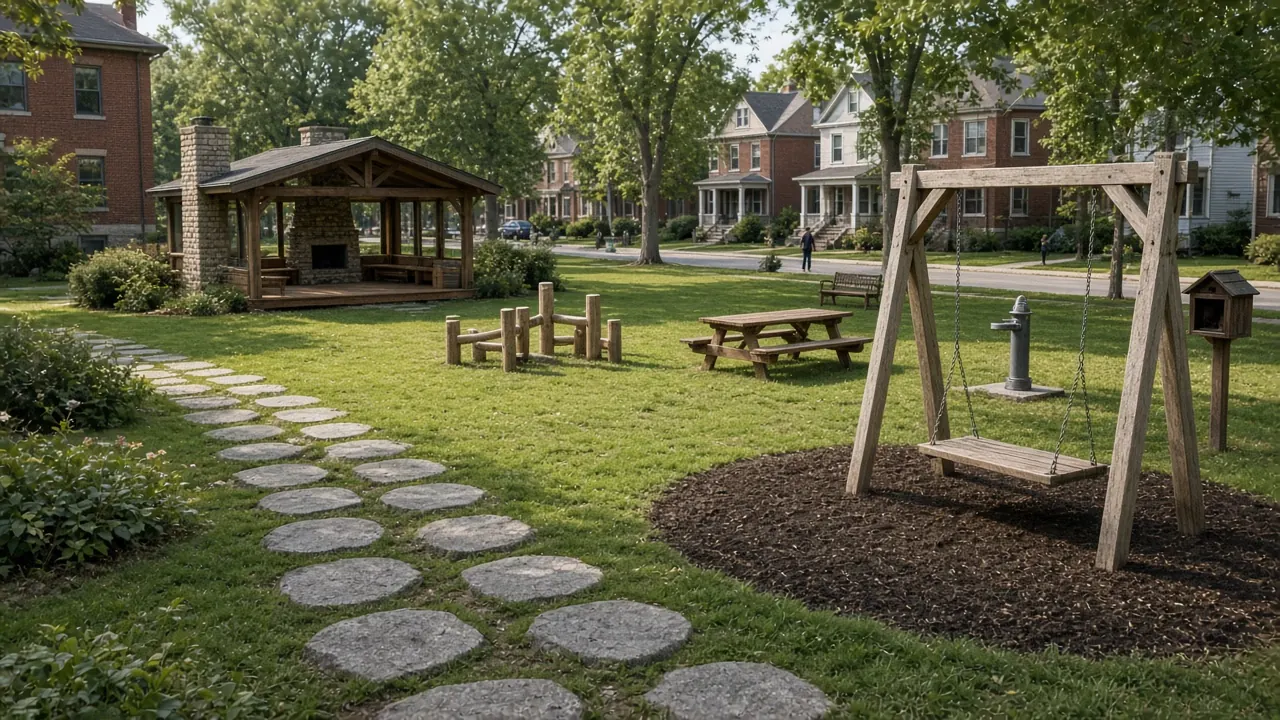 Concept art: a neighborhood pocket park with big round stepping stones across a lawn, a timber pavilion with a stone chimney, a picnic table and a wooden swing frame.