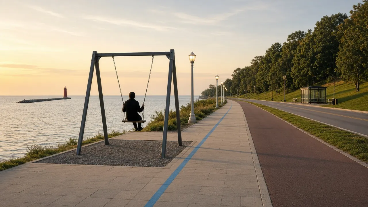 Concept art: an adult seated on a large wooden swing facing the water on a lakefront promenade at dusk, a glass bus shelter further along.