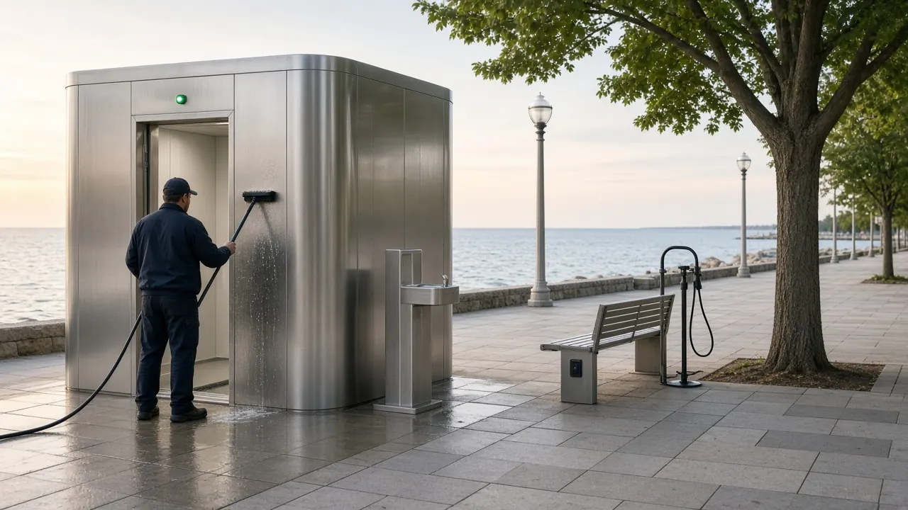 Concept art: a brushed stainless restroom on a paved plaza with a wooden bench, a bottle-filling fountain and a tree, being washed down by a worker seen from behind.
