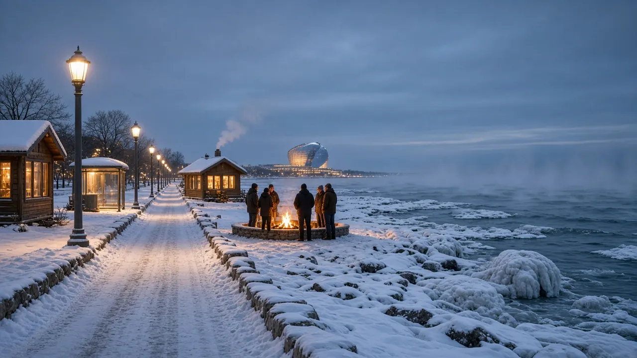 Concept art: a snowy lakefront promenade at twilight with adults around a large stone fire pit, small glowing warm huts and the lit Geode across the water.