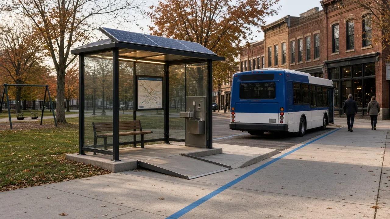 Concept art: a glass bus shelter with a solar roof, bench, transit map and bottle filler beside a blue and white bus, with a blue line painted on the pavement.