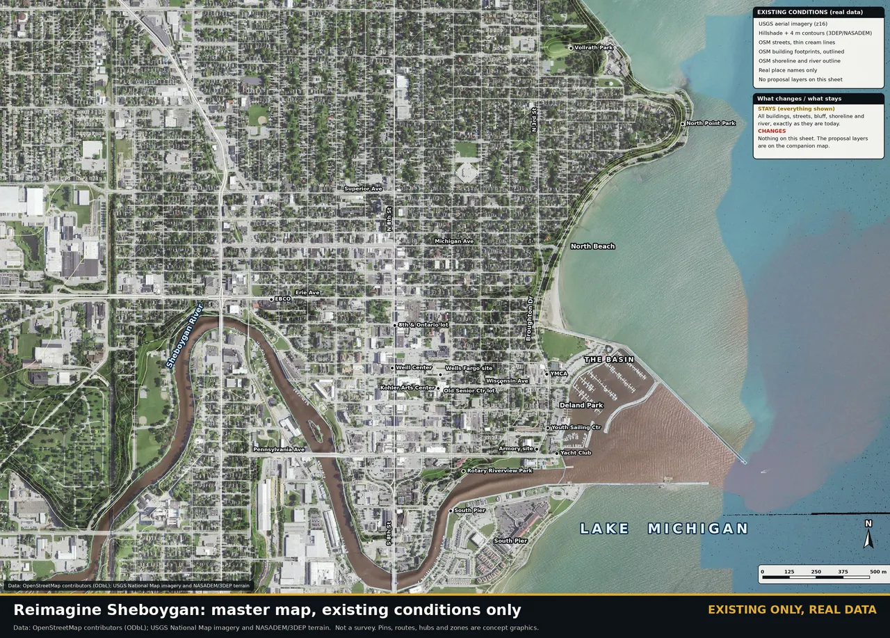 Aerial map of Sheboygan showing existing conditions only: the Basin marina behind its breakwater, the Sheboygan River, Lake Michigan, Broughton Drive and named parks and streets.