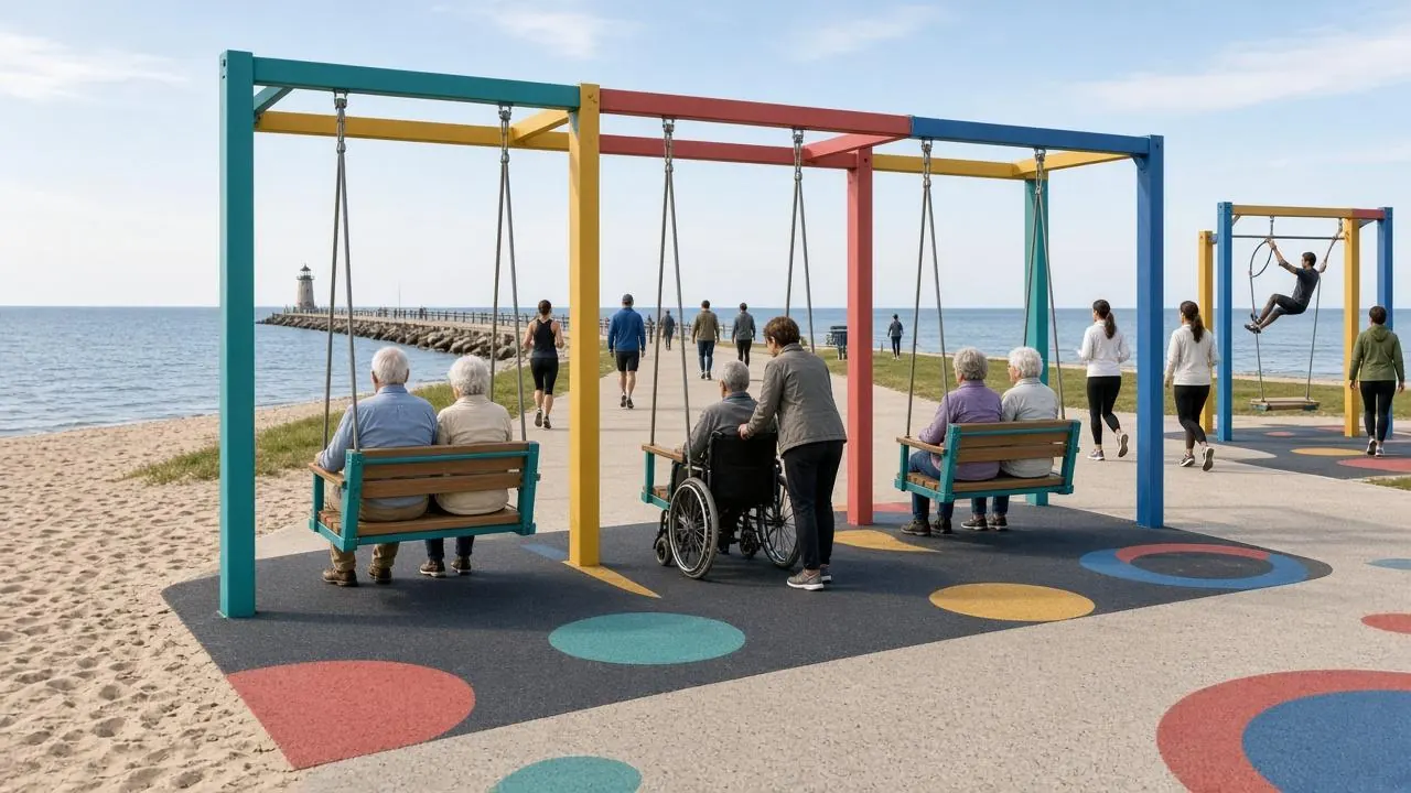 Concept art: large wooden bench-glider swings on brightly colored frames beside a beach, used by couples and a person in a wheelchair.