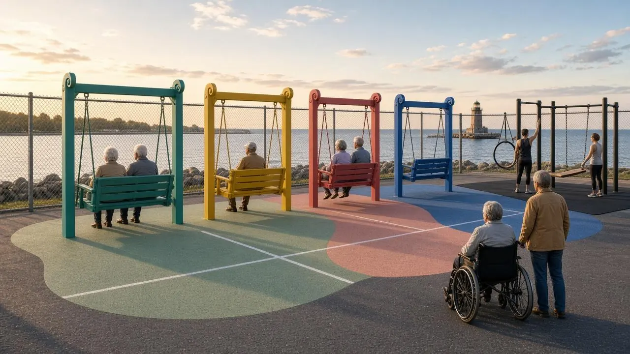 Concept art: an adult swing court with bench-gliders and a fitness corner with pull-up bars and rings, on a painted ground.