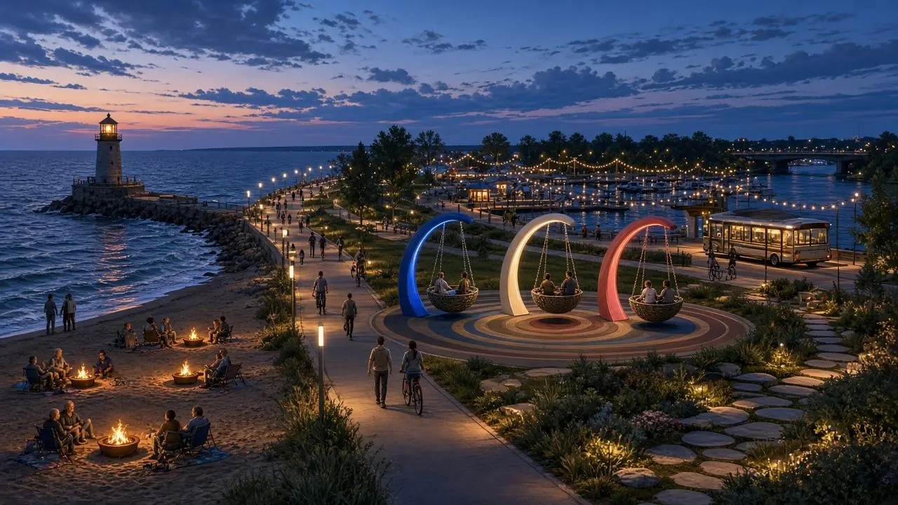 Concept art: the lakefront at dusk with lit swing arches, string lights, adults gathered around fire pits and a bus parked near a pavilion.