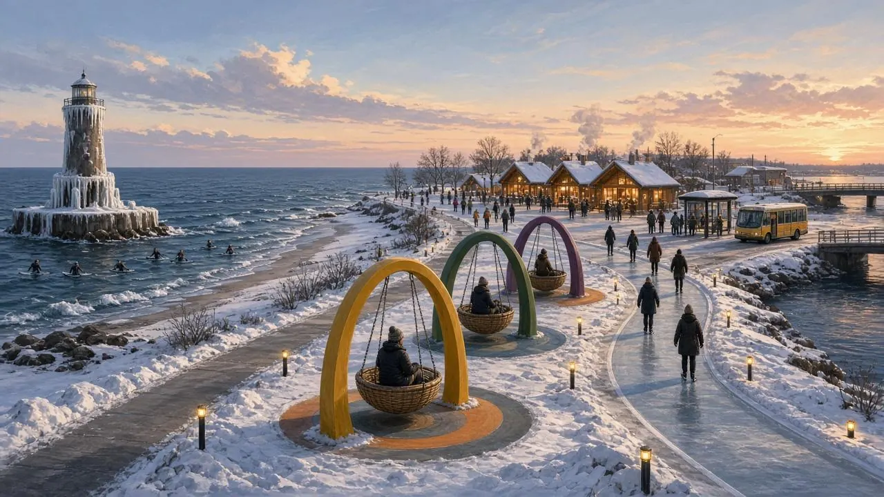 Concept art: a snowy January lakefront at dusk with a cleared lit walkway, three arched nest swings, a rocky pier with a lighthouse and warm lit wooden buildings.
