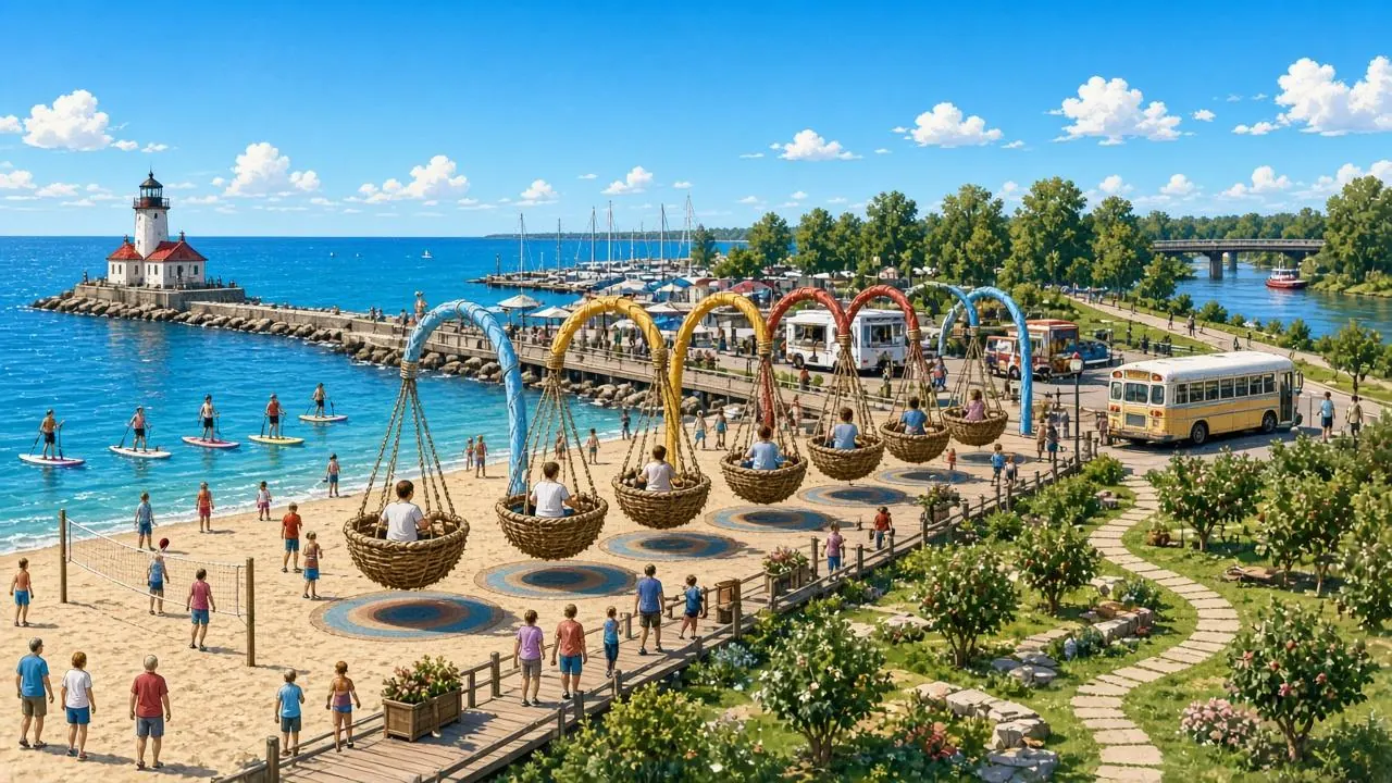 Concept art: a sunny summer lakefront with a busy beach, paddleboarders, a row of colorful swing arches, two food trucks and a yellow bus along the path.