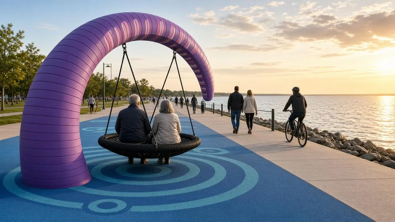 Concept art: a very large circular rope nest swing hanging from a purple arch on a lakefront promenade at sunset, with two adults seated in it.