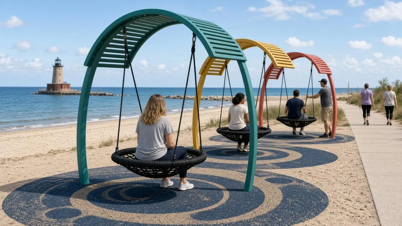 Concept art: three large nest swings on arched frames at a sandy beach in daylight, with the lighthouse on the breakwater in the distance.
