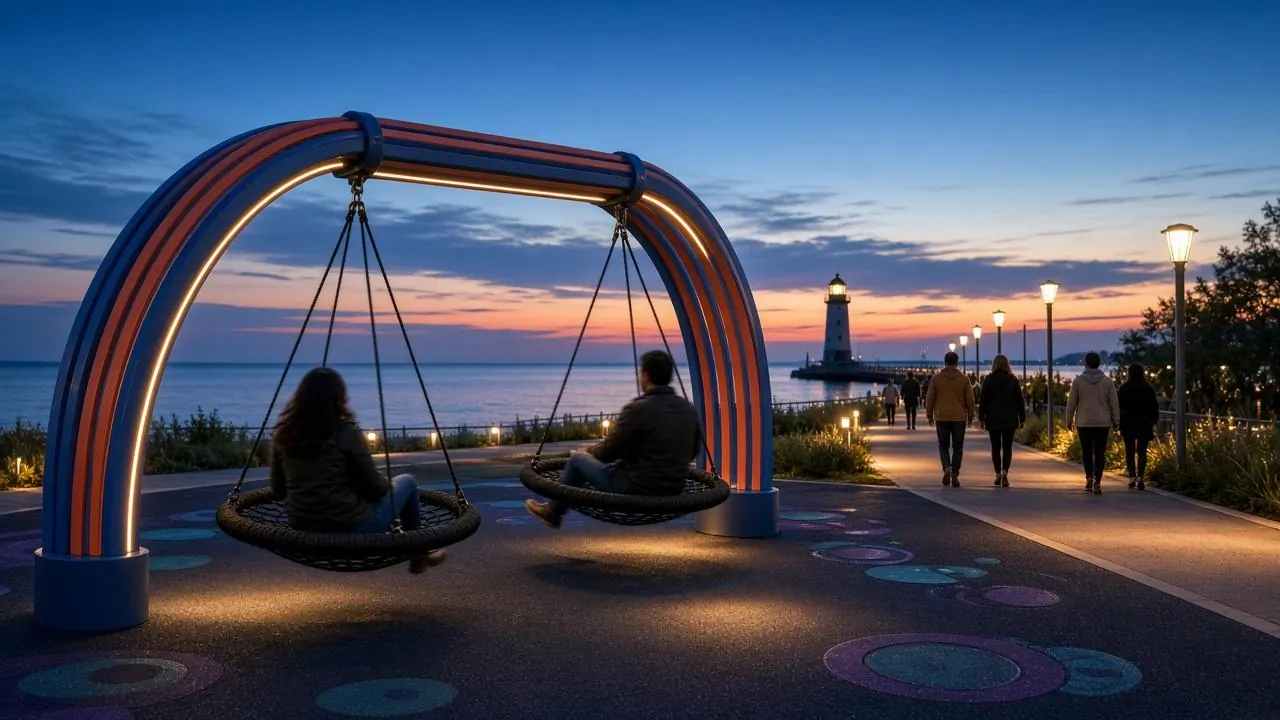Concept art: two large arched swing frames lit with blue and orange light at dusk on a lakefront walkway, with the lighthouse glowing beyond.