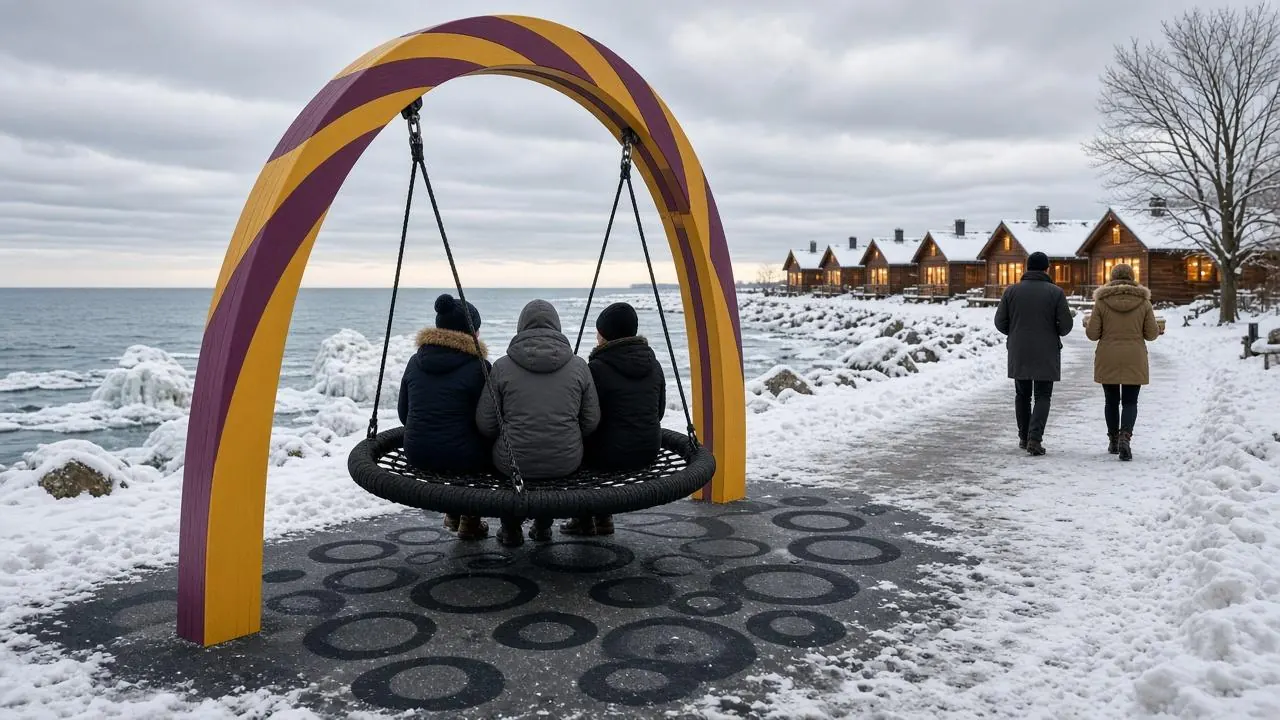 Concept art: a nest swing under a purple and yellow arch on a snowy lakefront, three adults in winter clothes seated in it.