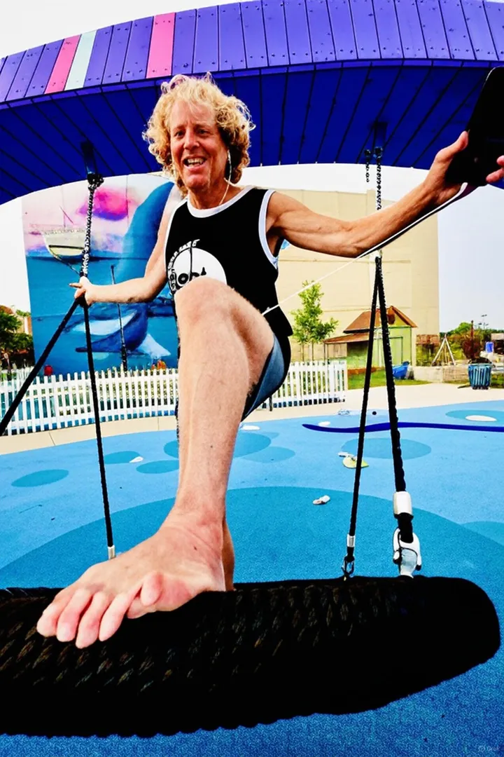 Mike Brunette smiling on a rope swing at a Sheboygan playground